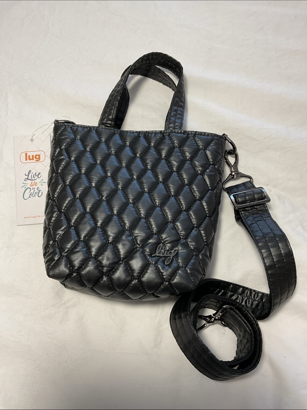 Lug Tiptoe Tote Metallic Black Quilted Crossbody Bag NWT - Picture 2 of 4
